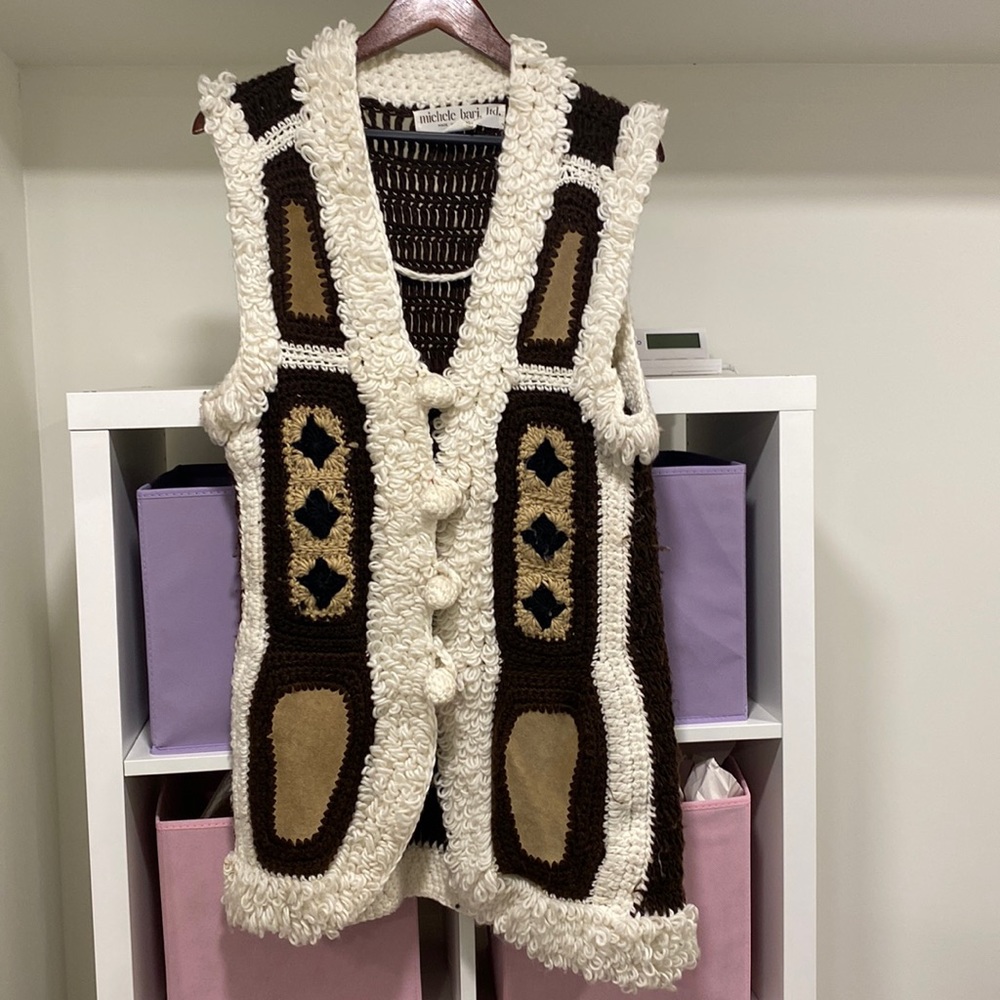 Vintage 60s 70s Long Crochet Vest with Suede Size M/L